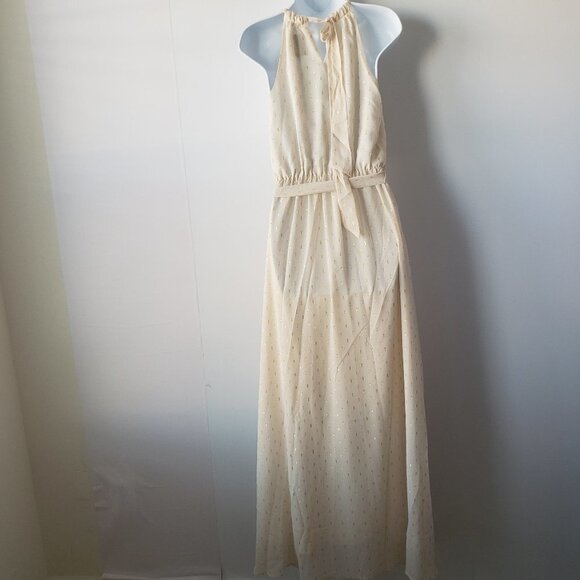 ModCloth womens  Dress size S Cream Metallic Maxi Belted Chiffon High Neck - Picture 2 of 6